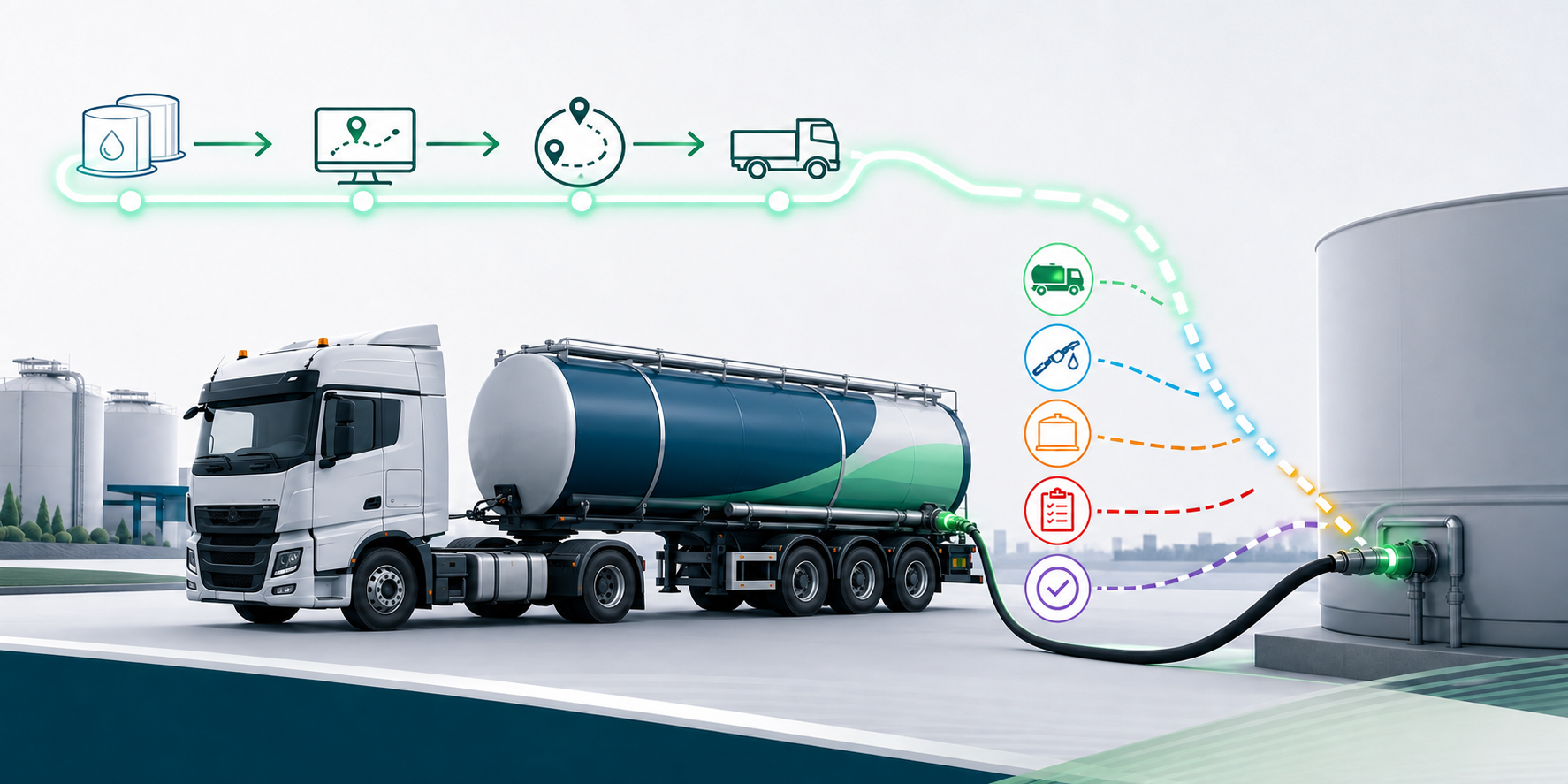 Diagramm einer digitalen Kraftstoff-Lieferkette mit einer vergrößerten Lücke auf den letzten zehn Metern zwischen Tankwagen und Kunde.